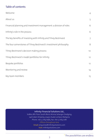 3
Table of contents
Welcome	 4
About us	 5
Financial planning and investment management: a division of roles	 6
Infinity’s...