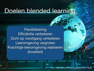 Doelen blended learning
Foto: Stockfoto © wu kailiang #2077680
Flexibilisering

Eﬃciëntie verbeteren

Zicht op voortgang verbeteren

Leeromgeving vergroten

Krachtige leeromgeving realiseren
(kwaliteit)

 