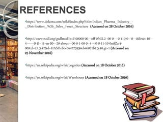 REFERENCES
•https://www.dolcera.com/wiki/index.php?title=Indian_Pharma_Industry_-
_Distribution_%26_Sales_Force_Structure (Accessed on 28 October 2016)
•http://www.nzdl.org/gsdlmod?e=d-00000-00---off-0fnl2.2--00-0----0-110-0---0---0direct-10---
4-------0-1l--11-en-50---20-about---00-0-1-00-0--4----0-0-11-10-0utfZz-8-
00&cl=CL3.42&d=HASHebbe0a4225934eb46021b7.5.4&gt=1 (Accessed on
03 November 2016)
•https://en.wikipedia.org/wiki/Logistics (Accessed on 18 October 2016)
•https://en.wikipedia.org/wiki/Warehouse (Accessed on 18 October 2016)
 