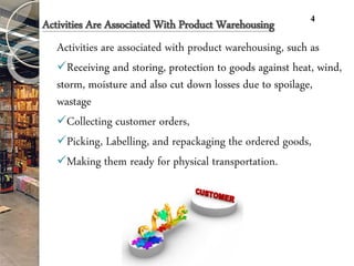 Activities Are Associated With Product Warehousing
Activities are associated with product warehousing, such as
Receiving and storing, protection to goods against heat, wind,
storm, moisture and also cut down losses due to spoilage,
wastage
Collecting customer orders,
Picking, Labelling, and repackaging the ordered goods,
Making them ready for physical transportation.
4
 