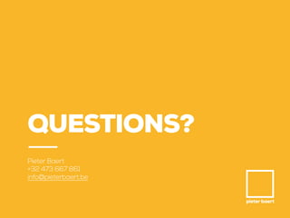 pieter baert
QUESTIONS?
Pieter Baert
+32 473 667 861
info@pieterbaert.be
 