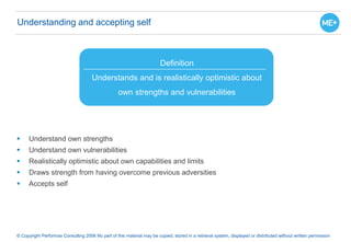 Understanding and accepting self
 Understand own strengths
 Understand own vulnerabilities
 Realistically optimistic about own capabilities and limits
 Draws strength from having overcome previous adversities
 Accepts self
© Copyright Performax Consulting 2006 No part of this material may be copied, stored in a retrieval system, displayed or distributed without written permission
Definition
Understands and is realistically optimistic about
own strengths and vulnerabilities
 