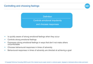 Controlling and choosing feelings
 Is quickly aware of strong emotional feelings when they occur
 Controls strong emotional feelings
 Expresses strong emotional feelings in ways that don’t not make others
uncomfortable
 Chooses behavioural responses in times of adversity
 Behavioural responses in times of adversity are directed at achieving a goal
© Copyright Performax Consulting 2006 No part of this material may be copied, stored in a retrieval system, displayed or distributed without written permission
Definition
Controls emotional impulsivity
and chooses responses
 