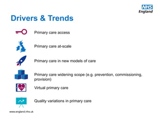 www.england.nhs.uk
Drivers & Trends
Primary care access
Primary care at-scale
Primary care in new models of care
Primary c...