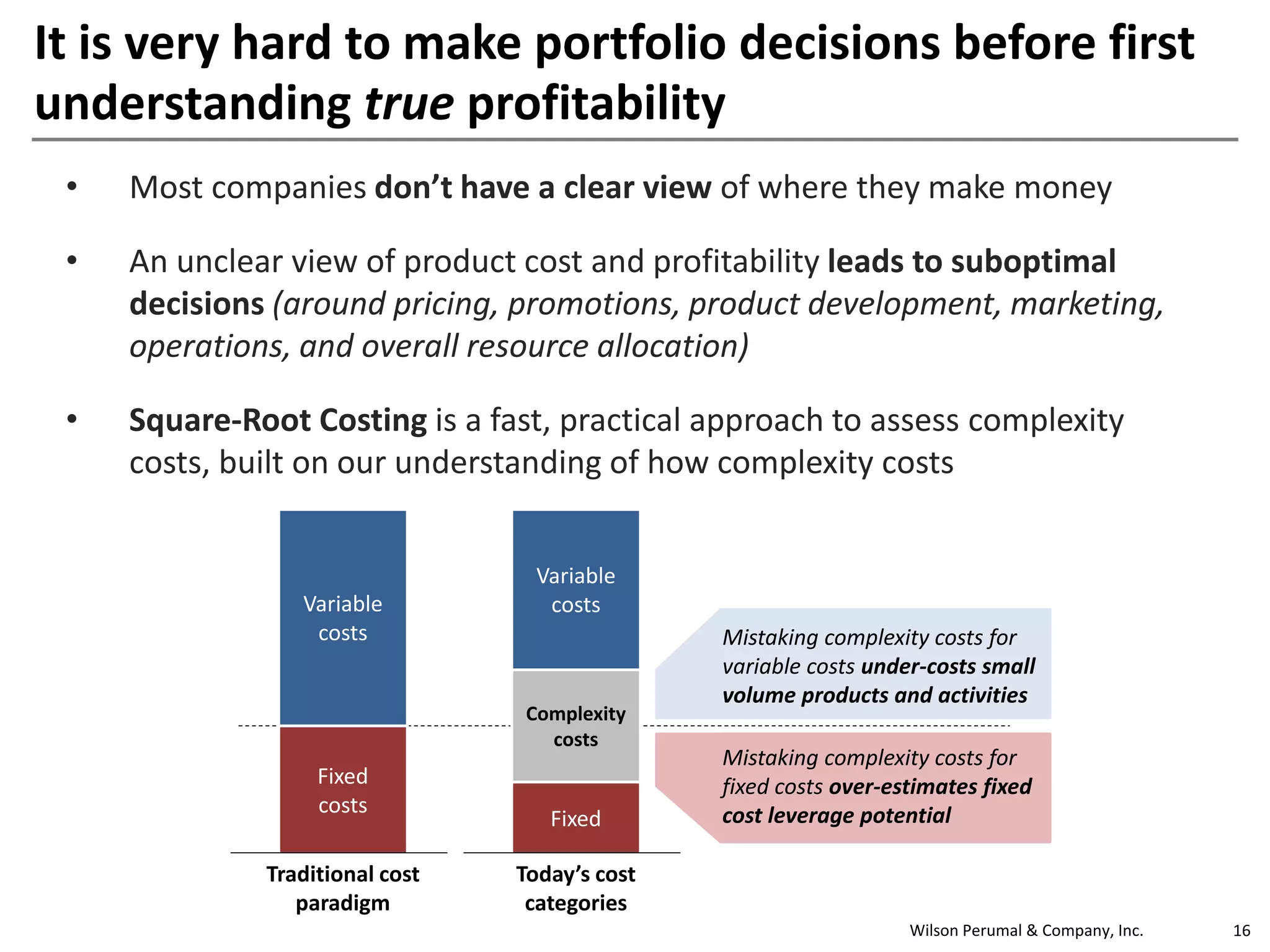Wilson Perumal & Company, Inc. 16
It is very hard to make portfolio decisions before first
understanding true profitability
• Most companies don’t have a clear view of where they make money
• An unclear view of product cost and profitability leads to suboptimal
decisions (around pricing, promotions, product development, marketing,
operations, and overall resource allocation)
• Square-Root Costing is a fast, practical approach to assess complexity
costs, built on our understanding of how complexity costs
Variable
costs
Fixed
costs
Variable
costs
Fixed
Complexity
costs
Traditional cost
paradigm
Today’s cost
categories
Mistaking complexity costs for
variable costs under-costs small
volume products and activities
Mistaking complexity costs for
fixed costs over-estimates fixed
cost leverage potential
 