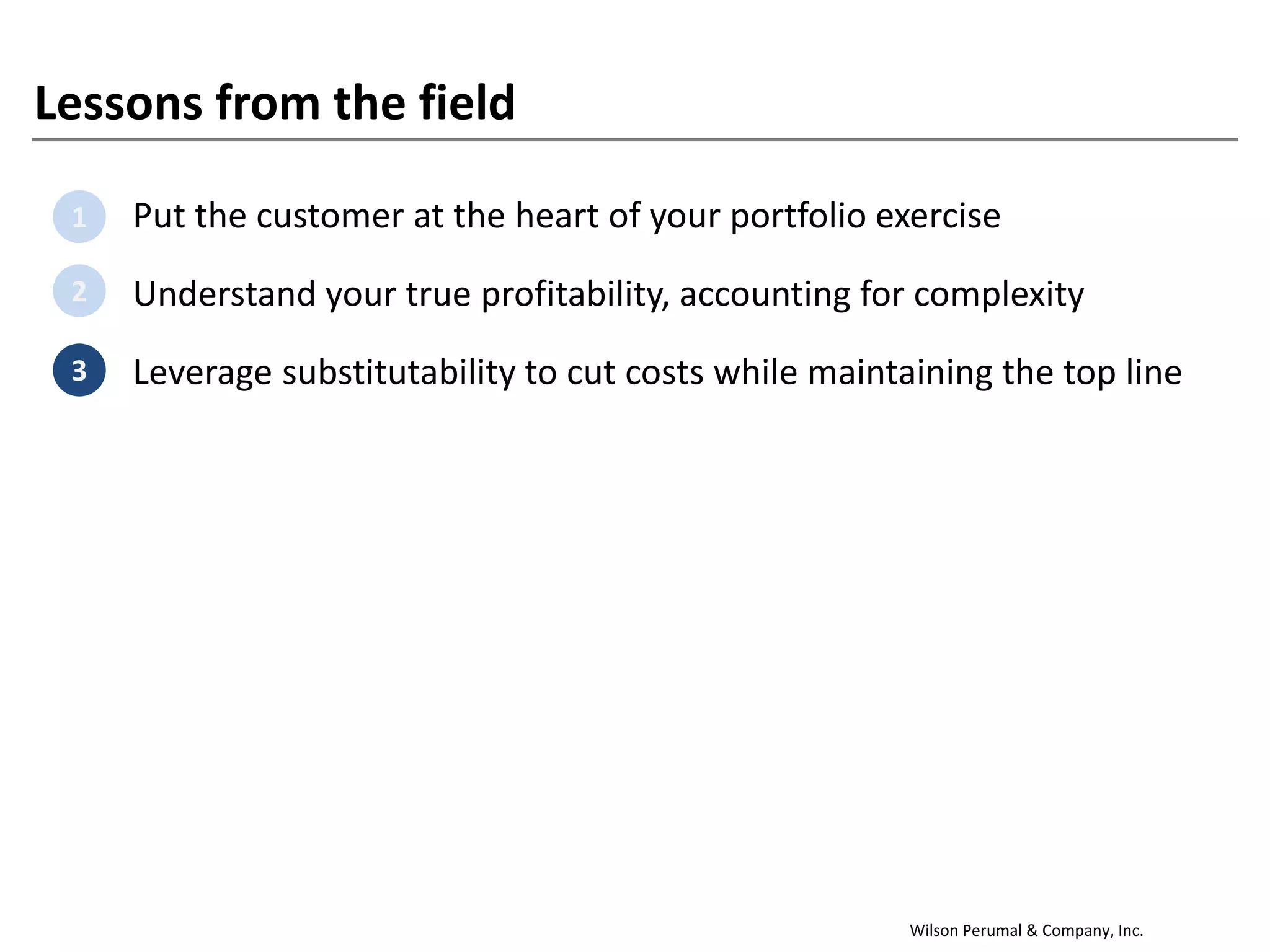 Wilson Perumal & Company, Inc.
Lessons from the field
1. Put the customer at the heart of your portfolio exercise
2. Understand your true profitability, accounting for complexity
3. Leverage substitutability to cut costs while maintaining the top line
1
2
3
 