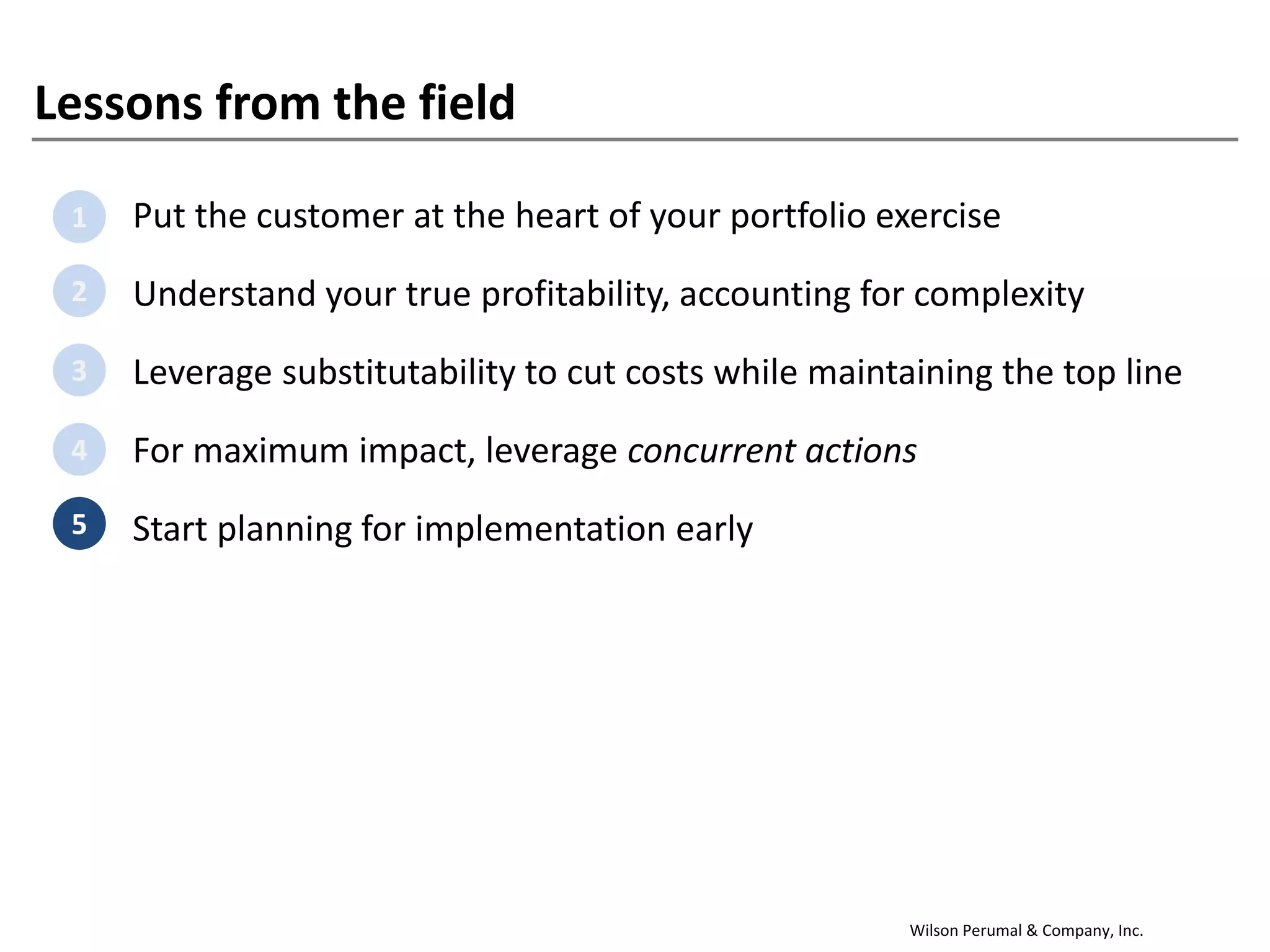 Wilson Perumal & Company, Inc.
Lessons from the field
1. Put the customer at the heart of your portfolio exercise
2. Understand your true profitability, accounting for complexity
3. Leverage substitutability to cut costs while maintaining the top line
4. For maximum impact, leverage concurrent actions
5. Start planning for implementation early
1
2
3
4
5
 