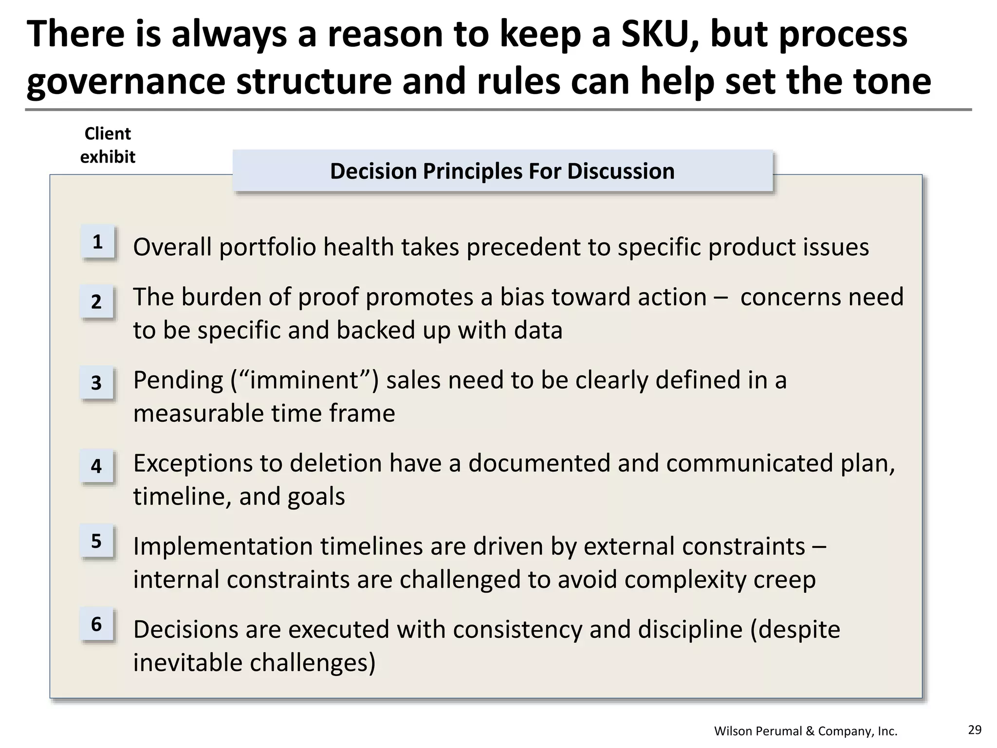 Wilson Perumal & Company, Inc.
There is always a reason to keep a SKU, but process
governance structure and rules can help set the tone
• Overall portfolio health takes precedent to specific product issues
• The burden of proof promotes a bias toward action – concerns need
to be specific and backed up with data
• Pending (“imminent”) sales need to be clearly defined in a
measurable time frame
• Exceptions to deletion have a documented and communicated plan,
timeline, and goals
• Implementation timelines are driven by external constraints –
internal constraints are challenged to avoid complexity creep
• Decisions are executed with consistency and discipline (despite
inevitable challenges)
Decision Principles For Discussion
1
2
3
4
5
6
29
Client
exhibit
 