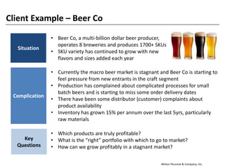 Wilson Perumal & Company, Inc.
Client Example – Beer Co
Situation
Complication
Key
Questions
• Beer Co, a multi-billion dollar beer producer,
operates 8 breweries and produces 1700+ SKUs
• SKU variety has continued to grow with new
flavors and sizes added each year
• Currently the macro beer market is stagnant and Beer Co is starting to
feel pressure from new entrants in the craft segment
• Production has complained about complicated processes for small
batch beers and is starting to miss some order delivery dates
• There have been some distributor (customer) complaints about
product availability
• Inventory has grown 15% per annum over the last 5yrs, particularly
raw materials
• Which products are truly profitable?
• What is the “right” portfolio with which to go to market?
• How can we grow profitably in a stagnant market?
 