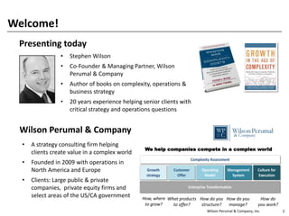 Wilson Perumal & Company, Inc. 2
Complexity Assessment
Enterprise Transformation
Growth
strategy
Customer
Offer
Operating
Model
Management
System
Culture for
Execution
Presenting today
• Stephen Wilson
• Co-Founder & Managing Partner, Wilson
Perumal & Company
• Author of books on complexity, operations &
business strategy
• 20 years experience helping senior clients with
critical strategy and operations questions
Wilson Perumal & Company
• A strategy consulting firm helping
clients create value in a complex world
• Founded in 2009 with operations in
North America and Europe
• Clients: Large public & private
companies, private equity firms and
select areas of the US/CA government
We help companies compete in a complex world
What products
to offer?
How do you
structure?
How do you
manage?
How do
you work?
How, where
to grow?
Welcome!
 