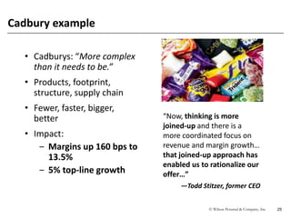 © Wilson Perumal & Company, Inc. 25
Cadbury example
“Now, thinking is more
joined-up and there is a
more coordinated focus on
revenue and margin growth…
that joined-up approach has
enabled us to rationalize our
offer…”
—Todd Stitzer, former CEO
• Cadburys: “More complex
than it needs to be.”
• Products, footprint,
structure, supply chain
• Fewer, faster, bigger,
better
• Impact:
‒ Margins up 160 bps to
13.5%
‒ 5% top-line growth
 