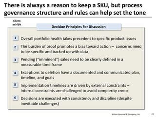 Wilson Perumal & Company, Inc.
There is always a reason to keep a SKU, but process
governance structure and rules can help set the tone
• Overall portfolio health takes precedent to specific product issues
• The burden of proof promotes a bias toward action – concerns need
to be specific and backed up with data
• Pending (“imminent”) sales need to be clearly defined in a
measurable time frame
• Exceptions to deletion have a documented and communicated plan,
timeline, and goals
• Implementation timelines are driven by external constraints –
internal constraints are challenged to avoid complexity creep
• Decisions are executed with consistency and discipline (despite
inevitable challenges)
Decision Principles For Discussion
1
2
3
4
5
6
29
Client
exhibit
 
