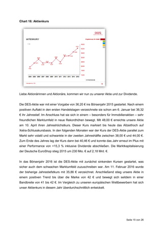 Seite 15 von 26
Chart 16: Aktienkurs
Liebe Aktionärinnen und Aktionäre, kommen wir nun zu unserer Aktie und zur Dividende.
Die DES-Aktie war mit einer Vorgabe von 36,20 € ins Börsenjahr 2015 gestartet. Nach einem
positiven Auftakt in den ersten Handelstagen verzeichnete sie schon am 6. Januar bei 36,32
€ ihr Jahrestief. Im Anschluss hat sie sich in einem – besonders für Immobilienaktien – sehr
freundlichen Marktumfeld in neue Rekordhöhen bewegt. Mit 48,00 € erreichte unsere Aktie
am 10. April ihren Jahreshöchstkurs. Dieser Kurs markiert bis heute das Allzeithoch auf
Xetra-Schlusskursbasis. In den folgenden Monaten war der Kurs der DES-Aktie parallel zum
Markt sehr volatil und schwankte in der zweiten Jahreshälfte zwischen 38,00 € und 44,00 €.
Zum Ende des Jahres lag der Kurs dann bei 40,46 € und konnte das Jahr erneut im Plus mit
einer Performance von +15,3 % inklusive Dividende abschließen. Die Marktkapitalisierung
der Deutsche EuroShop stieg 2015 um 230 Mio. € auf 2,18 Mrd. €.
In das Börsenjahr 2016 ist die DES-Aktie mit zunächst sinkenden Kursen gestartet, was
sicher auch dem schwachen Marktumfeld zuzuschreiben war. Am 11. Februar 2016 wurde
der bisherige Jahrestiefstkurs mit 35,86 € verzeichnet. Anschließend stieg unsere Aktie in
einem positiven Trend bis über die Marke von 42 € und bewegt sich seitdem in einer
Bandbreite von 41 bis 42 €. Im Vergleich zu unseren europäischen Wettbewerbern hat sich
unser Aktienkurs in diesem Jahr überdurchschnittlich entwickelt.
 