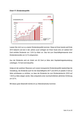 Seite 16 von 26
Chart 17: Dividendenpolitik
Lassen Sie mich nun zu unserer Dividendenpolitik kommen. Diese ist Ihnen bereits seit Ende
2013 bekannt und wie in den Jahren zuvor schlagen wir Ihnen heute eine um weitere fünf
Cent erhöhte Dividende von 1,35 € je Aktie vor. Das hat zum Geschäftsjahresende einer
Dividendenrendite von 3,3 % entsprochen.
Aus der Dividende wird ein Anteil von 63 Cent je Aktie dem Kapitalertragssteuerabzug
unterliegen, 72 Cent sind steuerfrei.
Aufgrund der positiven Resonanz auf unsere transparente Dividendenpolitik beabsichtigt die
Verwaltung, die Dividende auch für die Geschäftsjahre 2017 und 2018 um jeweils 5 Cent je
Aktie schrittweise zu erhöhen, so dass die Dividende bis zum Dividendentermin 2019 auf
1,50 € je Aktie steigen würde. Dies entspräche einer durchschnittlichen jährlichen Erhöhung
um 3,5 %.
Mit dieser guten Botschaft möchte ich zur Aktionärsstruktur kommen.
 