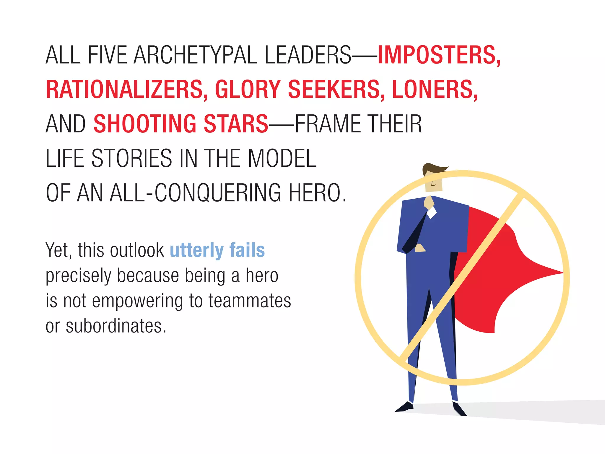 ALL FIVE ARCHETYPAL LEADERS—IMPOSTERS,
RATIONALIZERS, GLORY SEEKERS, LONERS,
AND SHOOTING STARS—FRAME THEIR
LIFE STORIES IN THE MODEL
OF AN ALL-CONQUERING HERO.
Yet, this outlook utterly fails
precisely because being a hero
is not empowering to teammates
or subordinates.
 