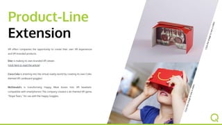 Clicktheimagetoseeavideo
Clicktheimagetoseeavideo
Product-Line
Extension
VR offers companies the opportunity to create their own VR
experiences and VR branded products.
Dior is making its own branded VR viewer.
(click here to read the article)
Coca-Cola is entering into the virtual reality world by creating its
own Coke-themed VR cardboard goggles!
McDonald’s is transforming Happy Meal boxes into VR headsets
compatible with smartphones! The company created a ski-themed
VR game, "Slope Stars," for use with the Happy Goggles.
 