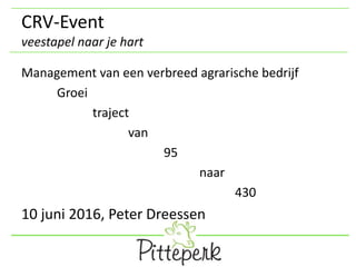 CRV-Event
veestapel naar je hart
Management van een verbreed agrarische bedrijf
Groei
traject
van
95
naar
430
10 juni 2016...