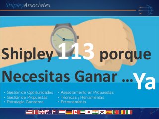 Shipley Associates
Lideres en Desarrollo de Negocio Global
Spain
Shipley 113 porque
Necesitas Ganar …Ya• Gestión de Oportunidades
• Gestión de Propuestas
• Estrategia Ganadora
• Asesoramiento en Propuestas
• Técnicas y Herramientas
• Entrenamiento
 