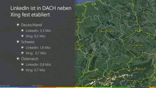 Deutschland
LinkedIn: 5,3 Mio
Xing: 8,2 Mio
Schweiz
LinkedIn: 1,8 Mio
Xing: 0,7 Mio
Österreich
LinkedIn: 0,8 Mio
Xing: 0,7 Mio
© vibrio 2016 http://vibrio.eu 14
LinkedIn ist in DACH neben
Xing fest etabliert
 