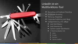 Recruiting und Employer Branding
(Employee) Branding
Werbung (Targeting)
Corporate Publishing (inkl. Blog)
Leadgenerierung und -pflege
Lead-Identifikation
Lead-Generierung
Opinion-Leader-Identifikation
1:1-Kommunikation mit
Leads
Kunden
Partnern
Opinion Leadern
© vibrio 2016 http://vibrio.eu 18
LinkedIn ist ein
Multifunktions-Tool
 