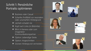 Business oder Casual
Scharfes Profilbild vor neutralem
oder unscharfem Hintergrund
Lächeln schadet nie
Kopf nach Links (in Bildmitte)
Blick in Kamera oder zum
imaginären
Kommunikationspartner
Option: Lebendige Geste
Option: Angeschnitten
Grünen Hintergrund vermeiden
© vibrio 2016 http://vibrio.eu 23
Schritt 1: Persönliche
Portraits optimieren
 