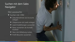 Die Luxussuche:
Suchen inkl. CRM
Zielunternehmen als Accounts
anlegen
Zielpersonen als Leads anlegen
Lead-Empfehlungen auswerten
News auswerten als Kontakt-
Auslöser
New-Job-Mitteilung nutzen
Profil-Besucher auswerten
© vibrio 2016 http://vibrio.eu 26
Suchen mit dem Sales
Navigator
 