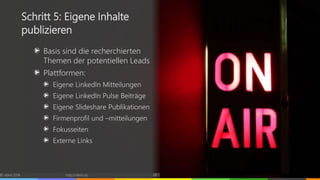 Basis sind die recherchierten
Themen der potentiellen Leads
Plattformen:
Eigene LinkedIn Mitteilungen
Eigene LinkedIn Pulse Beiträge
Eigene Slideshare Publikationen
Firmenprofil und –mitteilungen
Fokusseiten
Externe Links
© vibrio 2016 http://vibrio.eu 28
Schritt 5: Eigene Inhalte
publizieren
 