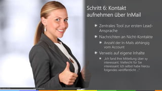Zentrales Tool zur ersten Lead-
Ansprache
Nachrichten an Nicht-Kontakte
Anzahl der In-Mails abhängig
vom Account
Verweis auf eigene Inhalte
„Ich fand Ihre Mitteilung über xy
interessant. Vielleicht für Sie
interessant: Ich selbst habe hierzu
folgendes veröffentlicht …“
© vibrio 2016 http://vibrio.eu 29
Schritt 6: Kontakt
aufnehmen über InMail
 