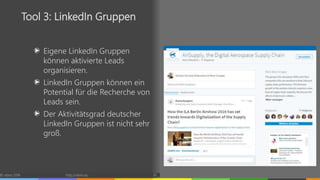 Eigene LinkedIn Gruppen
können aktivierte Leads
organisieren.
LinkedIn Gruppen können ein
Potential für die Recherche von
Leads sein.
Der Aktivitätsgrad deutscher
LinkedIn Gruppen ist nicht sehr
groß.
© vibrio 2016 http://vibrio.eu 32
Tool 3: LinkedIn Gruppen
 