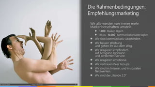 Titelmasterformat durch
Klicken bearbeiten
Wir alle werden von immer mehr
Markenbotschaften umstellt.
? Marken täglich
Bis zu ? Kommunikationsakte täglich
Wir sind kommunikativ überfordert.
Wir hassen Werbung
und gehen ihr aus dem Weg.
Wir reagieren empfindlich
auf Arroganz, Ignoranz
und schlechten Service.
Wir reagieren emotional.
Wir vertrauen Peer Groups.
Wir sind im Internet und in sozialen
Netzwerken.
Wir sind der „Kunde 2.0“
© vibrio 2016 http://vibrio.eu 8
Die Rahmenbedingungen:
Empfehlungsmarketing
1.000
10.000
 