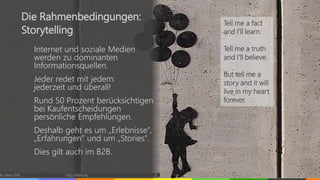 Internet und soziale Medien
werden zu dominanten
Informationsquellen.
Jeder redet mit jedem:
jederzeit und überall!
Rund 50 Prozent berücksichtigen
bei Kaufentscheidungen
persönliche Empfehlungen.
Deshalb geht es um „Erlebnisse“,
„Erfahrungen“ und um „Stories“.
Dies gilt auch im B2B.
© vibrio 2016 http://vibrio.eu 9
Die Rahmenbedingungen:
Storytelling
Tell me a fact
and I’ll learn.
Tell me a truth
and I’ll believe.
But tell me a
story and it will
live in my heart
forever.
 