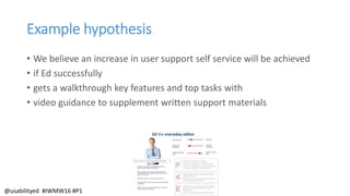 Example hypothesis
• We believe an increase in user support self service will be achieved
• if Olive successfully
• gets a...