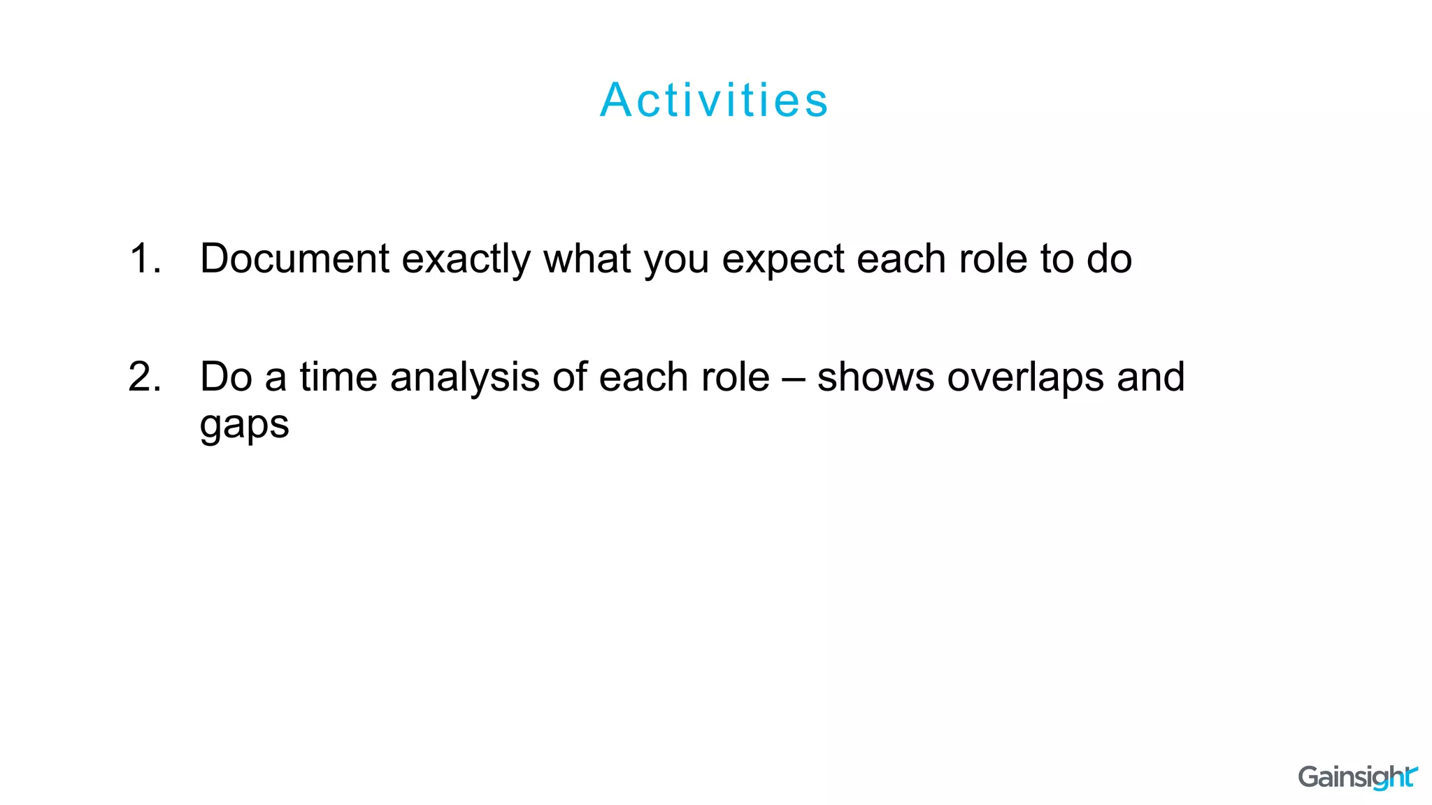 Activities
1.  Document exactly what you expect each role to do
2.  Do a time analysis of each role – shows overlaps and
gaps
 
