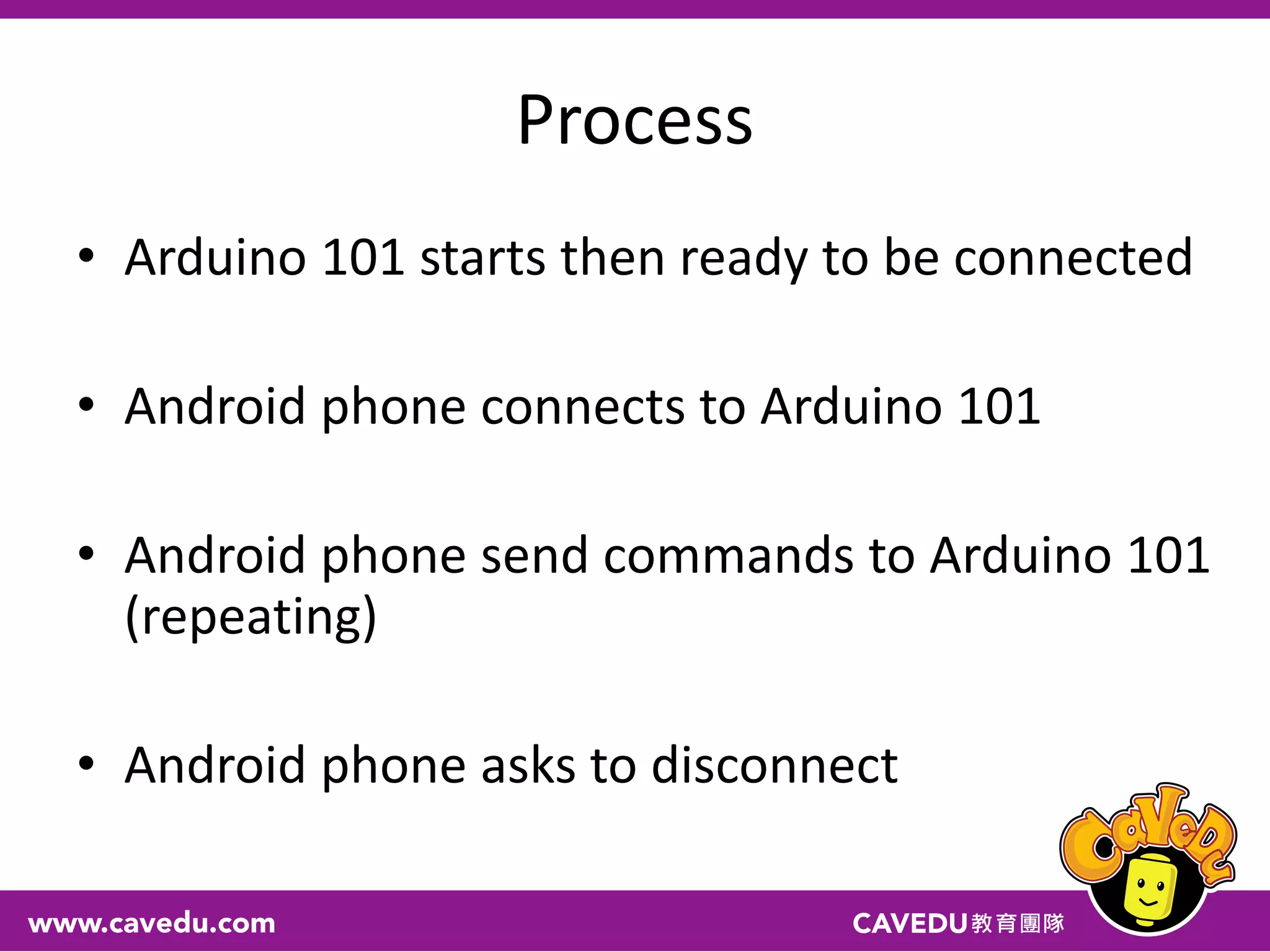 Process
• Arduino 101 starts then ready to be connected
• Android phone connects to Arduino 101
• Android phone send commands to Arduino 101
(repeating)
• Android phone asks to disconnect
 
