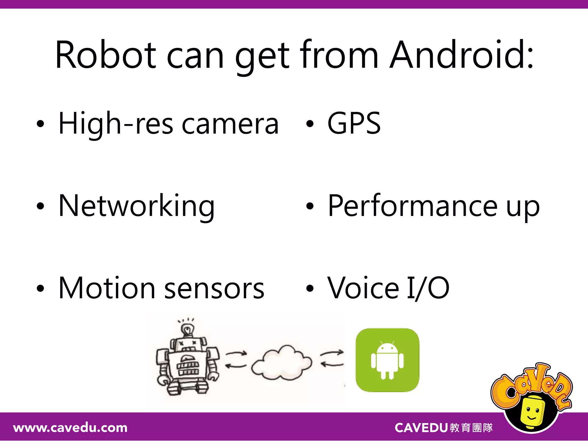 Robot can get from Android:
• High-res camera
• Networking
• Motion sensors
• GPS
• Performance up
• Voice I/O
 