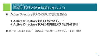 13
1.移行の心構え >
早期に移行方法を決定しましょう
 Active Directory ドメインの移行方法は複数ある
 Active Directory ドメインをアップグレード
 Active Directory ドメインの再編とオブジェクトの移行
 バージョンによっては、「（OSの）インプレースアップグレード」も可能
次へ
 