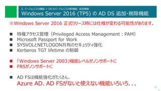 43
2. バージョンごとの機能 > OS のバージョンごとの新機能、追加機能
Windows Server 2016 (TP5) の AD DS 追加・削除機能
※Windows Server 2016 正式リリース時には仕様が変わる可能性があります。
 特権アクセス管理（Privileged Access Management：PAM）
 Microsoft Passport for Work
 SYSVOLとNETLOGON共有のセキュリティ強化
 Kerberos TGT lifetime の制御
 「Windows Server 2003」機能レベルがノンサポートに
 FRSがノンサポートに
 AD FSは機能強化がたくさん、
Azure AD、AD FSがないと使えない機能いろいろ。。。
次へ
 