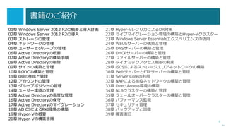 5
書籍のご紹介
次へ
01章 Windows Server 2012 R2の概要と導入計画
02章 Windows Server 2012 R2の導入
03章 ストレージの管理
04章 ネットワークの管理
05章 ユーザーとグループの管理
06章 Active Directoryの概要
07章 Active Directoryの構築手順
08章 Active Directoryの削除
09章 サイトの構築と管理
10章 RODCの構築と管理
11章 OUの作成と管理
12章 アカウントの管理
13章 グループポリシーの管理
14章 ユーザー環境の管理
15章 Active Directoryの高度な管理
16章 Active Directoryの保守
17章 Active Directoryのマイグレーション
18章 AD CSによるPKI環境の構築
19章 Hyper-Vの概要
20章 Hyper-Vの構築手順
21章 Hyper-VレプリカによるDR対策
22章 ライブマイグレーション環境の構築とHyper-Vクラスター
23章 Windows Server Essentialsエクスペリエンスの活用
24章 WSUSサーバーの構築と管理
25章 DNSサーバーの構築と管理
26章 DHCPサーバーの構築と管理
27章 ファイルサーバーの構築と管理
28章 ダイナミックアクセス制御の利用
29章 iSCSIによるストレージエリアネットワークの構築
30章 WebサーバーとFTPサーバーの構築と管理
31章 Server Coreの利用
32章 NAPによる検疫ネットワークの構築と管理
33章 DirectAccess環境の構築
34章 NLBクラスターの構築と管理
35章 フェールオーバークラスターの構築と管理
36章 パフォーマンス監視
37章 セキュリティ管理
38章 バックアップと回復
39章 障害復旧
 