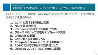 73
4. 移行の注意点 >
【参考】ドメインコントローラーのOSの2008アップグレード時の注意点
ドメインコントローラーのOSを、Windows Server 2008にアップグレードする際には、
次のような注意点がある
1. LDAP に関する制限値の変更
2. NSPI 接続の制限
3. Kerberos 認証における暗号化方式
4. グループ ポリシーの管理用テンプレートの変更
5. LMHash の制限
6. LAN Manger 認証レベル
7. Computer Browser サービスの無効化
8. RODC に対応するための互換性パック
9. Outlook 2003 / OCS 2005 の問題
次へ
 