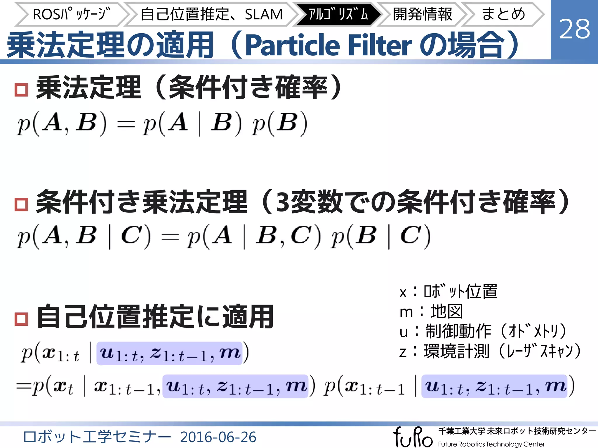乗法定理の適用（Particle Filter の場合）
28
ロボット工学セミナー 2016-06-26
 乗法定理（条件付き確率）
 条件付き乗法定理（3変数での条件付き確率）
 自己位置推定に適用
x：ﾛﾎﾞｯﾄ位置
m：地図
u：制御動作（ｵﾄﾞﾒﾄﾘ）
z：環境計測（ﾚｰｻﾞｽｷｬﾝ）
ROSﾊﾟｯｹｰｼﾞ 自己位置推定、SLAM ｱﾙｺﾞﾘｽﾞﾑ 開発情報 まとめ
 