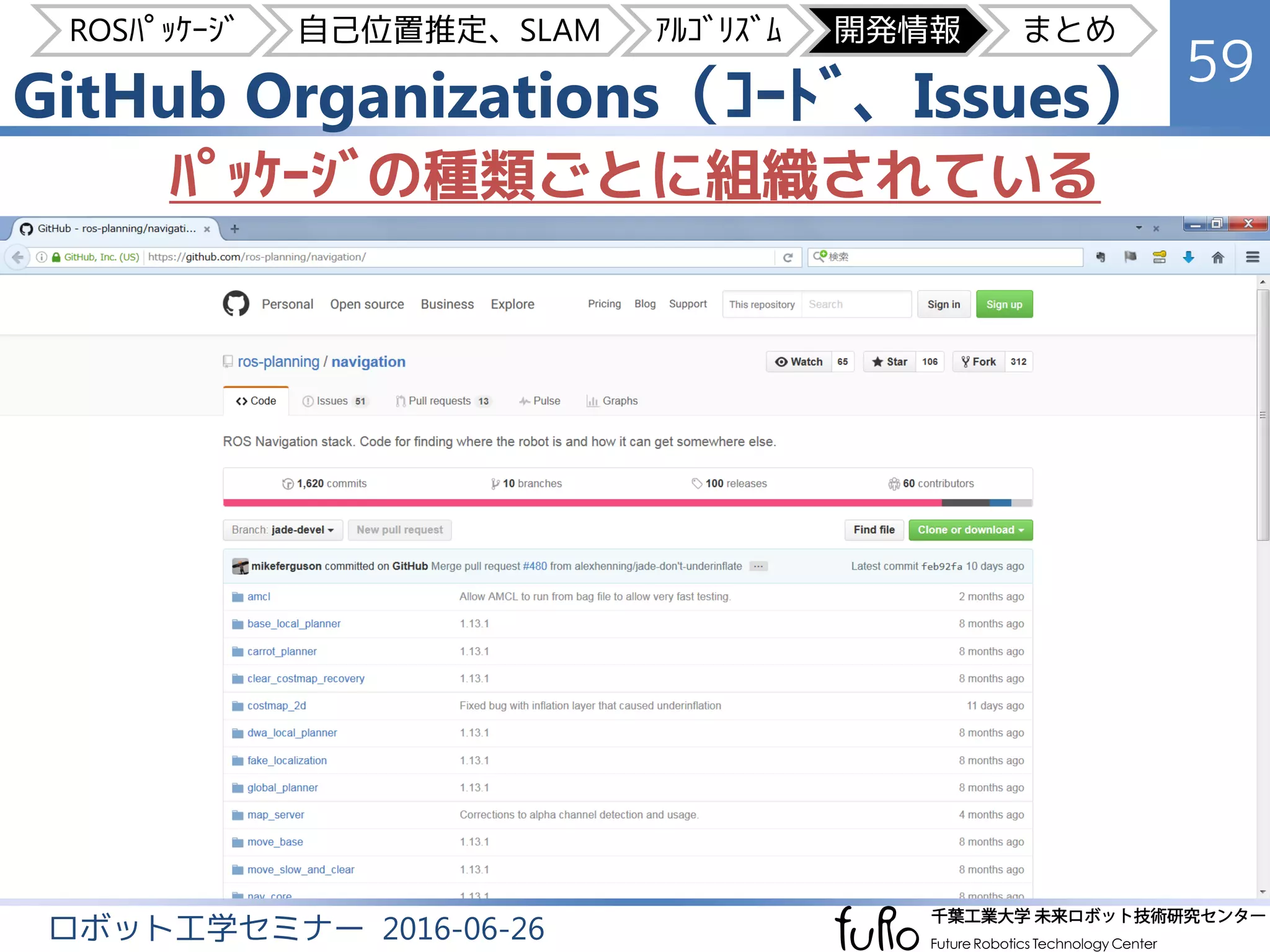GitHub Organizations（ｺｰﾄﾞ、Issues）
59
ロボット工学セミナー 2016-06-26
ﾊﾟｯｹｰｼﾞの種類ごとに組織されている
ROSﾊﾟｯｹｰｼﾞ 自己位置推定、SLAM ｱﾙｺﾞﾘｽﾞﾑ 開発情報 まとめ
 