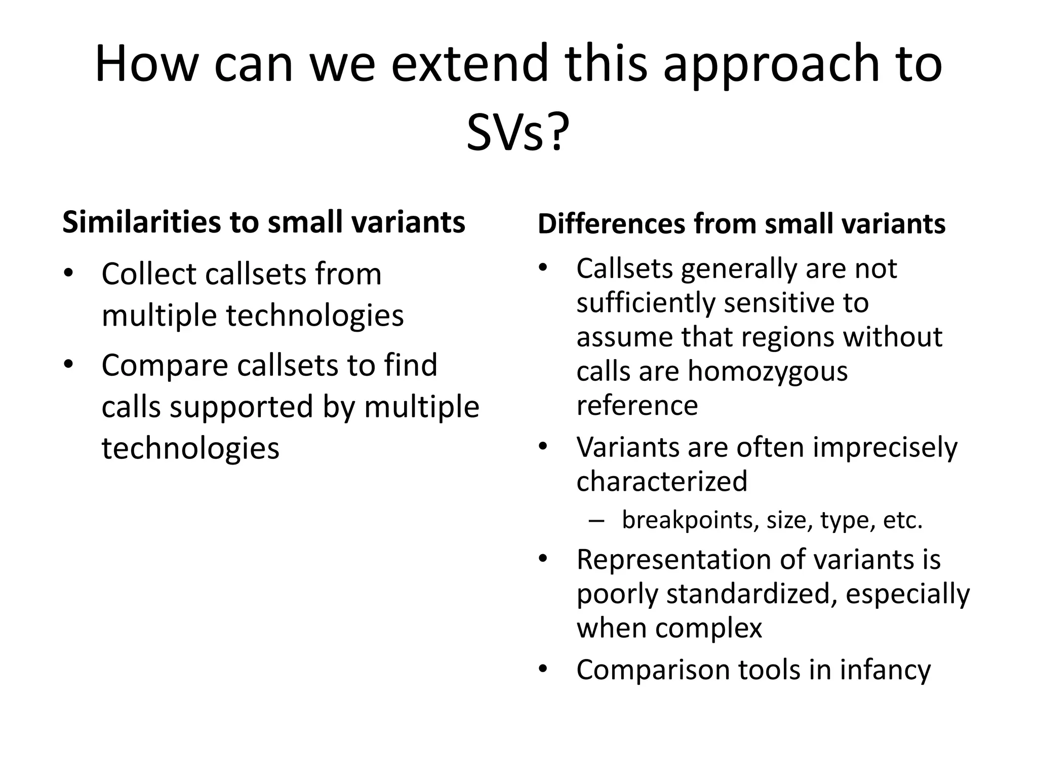 How can we extend this approach to
SVs?
Similarities to small variants
• Collect callsets from
multiple technologies
• Compare callsets to find
calls supported by multiple
technologies
Differences from small variants
• Callsets generally are not
sufficiently sensitive to
assume that regions without
calls are homozygous
reference
• Variants are often imprecisely
characterized
– breakpoints, size, type, etc.
• Representation of variants is
poorly standardized, especially
when complex
• Comparison tools in infancy
 