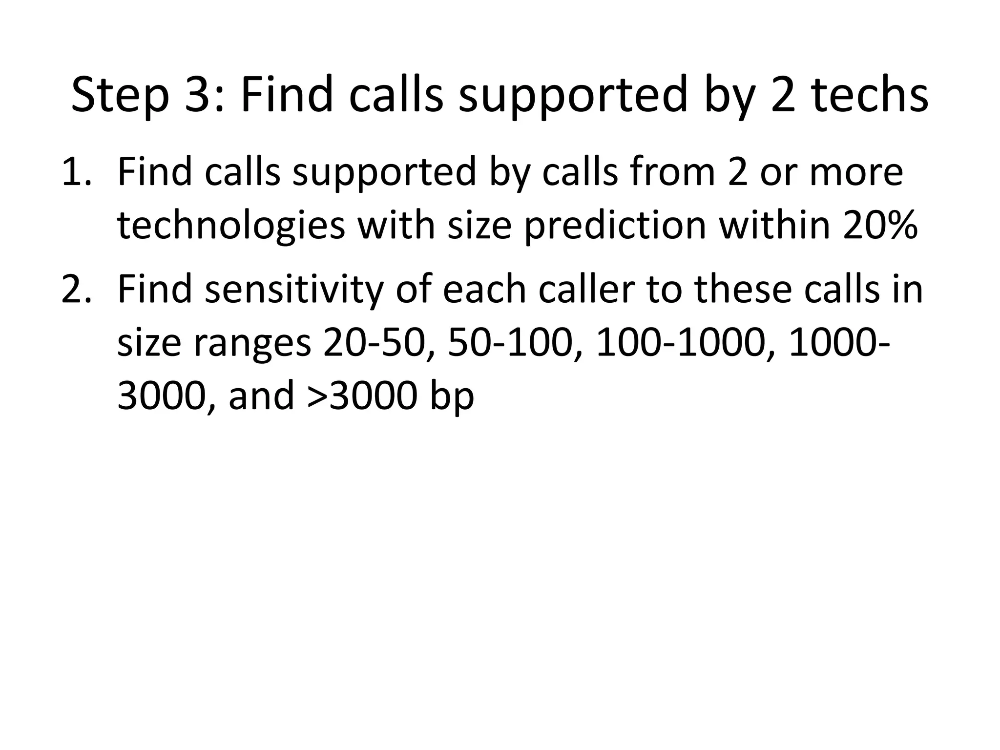 Step 3: Find calls supported by 2 techs
1. Find calls supported by calls from 2 or more
technologies with size prediction within 20%
2. Find sensitivity of each caller to these calls in
size ranges 20-50, 50-100, 100-1000, 1000-
3000, and >3000 bp
 