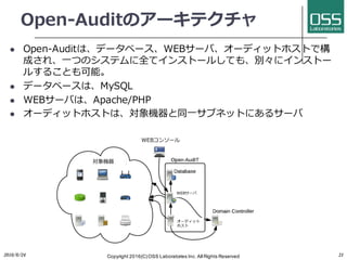 Open-Auditのアーキテクチャ
l Open-Auditは、データベース、WEBサーバ、オーディットホストで構
成され、⼀つのシステムに全てインストールしても、別々にインストー
ルすることも可能。
l データベースは、MySQL
l WEBサーバは、Apache/PHP
l オーディットホストは、対象機器と同⼀サブネットにあるサーバ
2016/6/24 Copyright 2016(C) OSS Laboratories Inc. All Rights Reserved 21
WEBコンソール
対象機器
WEBサーバ
オーディット
ホスト
 