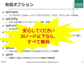 有償オプション
l opCharts
l インタラクティブなネーットワークダイアグラム、グラフ、ダッシュボードの作成
l opConfig
l CLIによる⾃動コンフィグレーション収集、変更履歴管理
l opEvents
l Syslog/NMIS log監視とアラート
l opFlow
l Cisco NetFlow/Juniper J-Flowを収集し、ユーザー／プロトコル／ポートごとに集計、
表⽰
l opReports
l カスタムレポートの作成
l opSLA
l Cisco IOS IPSLAを使⽤した10,000以上のプローブを監視
l opHA
l 地理的に分散したNMISのマルチマスタ構成⼤規模監視
2016/6/24 Copyright 2016(C) OSS Laboratories Inc. All Rights Reserved 22
 