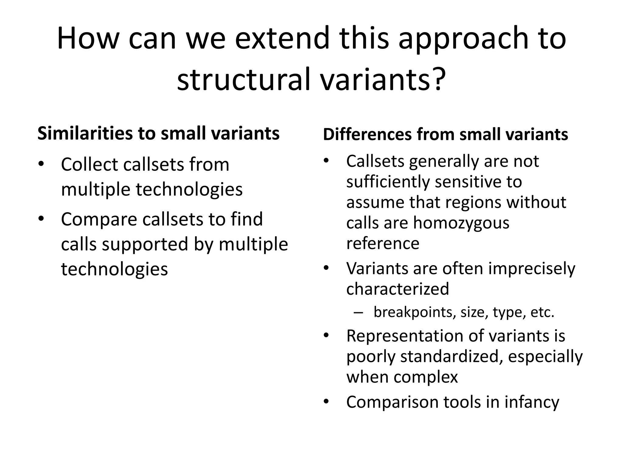 How can we extend this approach to
structural variants?
Similarities to small variants
• Collect callsets from
multiple technologies
• Compare callsets to find
calls supported by multiple
technologies
Differences from small variants
• Callsets generally are not
sufficiently sensitive to
assume that regions without
calls are homozygous
reference
• Variants are often imprecisely
characterized
– breakpoints, size, type, etc.
• Representation of variants is
poorly standardized, especially
when complex
• Comparison tools in infancy
 