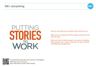 ME+ storytelling
Now you are ready to go, just pick a topic and have a go.
When you are working with other people, get the...