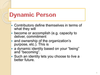  Contributors define themselves in terms of
what they will
 become or accomplish (e.g. capacity to
deliver, commitment
 and ownership of the organization’s
purpose, etc.). This is
 a dynamic identity based on your “being”
and “becoming”.
 Such an identity lets you choose to live a
better future.
9
 