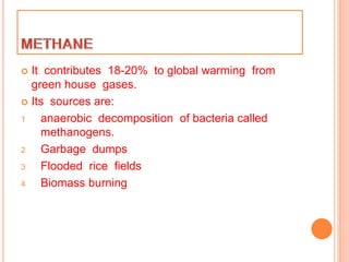  It contributes 18-20% to global warming from
green house gases.
 Its sources are:
1 anaerobic decomposition of bacteria called
methanogens.
2 Garbage dumps
3 Flooded rice fields
4 Biomass burning
 