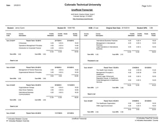 Colorado Technical University Page 3 of 4Date: 2/5/2015
Unofficial Transcript
4435 North Chestnut Street, Suite E
Colorado Springs, CO 80907
http://mycampus.ctuonline.edu
Jenny GuinnStudent: DOB:10361795Student ID: 3.86Student GPA:8/15/2010Original Start Date :21/Jan
Course
Code
Course
Description
Credits
Attempted
Credits
Earned
Grade Quality
Points
Quality
Points
GradeCredits
Earned
Credits
Attempted
Course
Description
Course
Code
5/14/20132/17/2013Parent Term 1 B-2013Term: B1301P
4.00 4.00 A 16.00E-Business
4.00 4.00 A- 14.80Operations Management Principles
4.00 4.00 A- 14.80Introduction to Corporate Finance
45.6012.0012.00
3.80Term GPA: 3.90Cum GPA:
Dean's List
8/13/20135/19/2013Parent Term 2 B-2013Term: B1302P
4.00 4.00 A- 14.80Management of Human Resources
4.00 4.00 A 16.00Organizational Behavior Principles
30.808.008.00
3.85Term GPA: 3.89Cum GPA:
11/12/20138/18/2013Parent Term 3 B-2013Term: B1303P
4.00 4.00 A 16.00Organizational Change
4.50 4.50 A- 16.65Data Driven Statistics
4.00 4.00 A 16.00International Business
Communications
48.6512.5012.50
3.89Term GPA: 3.89Cum GPA:
Dean's List
2/11/201411/17/2013Parent Term 4 B-2013Term: B1304P
4.00 4.00 A 16.00International Business Practices
4.00 4.00 A 16.00Management in International
Business
4.00 4.00 A 16.00Legal Operations in International
Business
48.0012.0012.00
4.00Term GPA: 3.91Cum GPA:
President's List
5/13/20142/16/2014Parent Term 1 B-2014Term: B1401P
4.00 4.00 B+ 13.20The Health Care Industry
4.00 0.00 W 0.00Management Principles in
Healthcare
4.00 4.00 A 16.00Current Legal, Ethical and
Regulatory Issues in Healthcare
4.00 4.00 A 16.00Fiscal Management in Healthcare
Services
45.2012.0016.00
3.77Term GPA: 3.89Cum GPA:
Dean's List
8/12/20145/18/2014Parent Term 2 B-2014Term: B1402P
4.00 4.00 A 16.00The Healthcare Organization
4.00 4.00 A 16.00HRM Legal Environment
32.008.008.00
4.00Term GPA: 3.90Cum GPA:
Unofficial Transcript** Indicates Retaken Course
R* Indicates Retaken Override
# Indicates Pass/Fail Course
¨ Indicates Associated Course
 